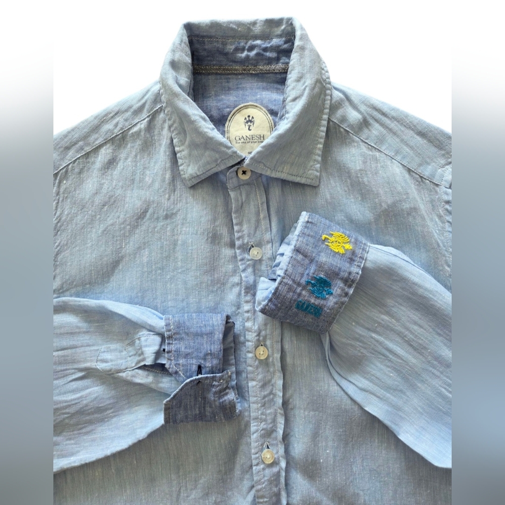 Ganesh 100% Linen Shirt Mens Small Blue Embroidered Long Sleeves Artisan Italy‎